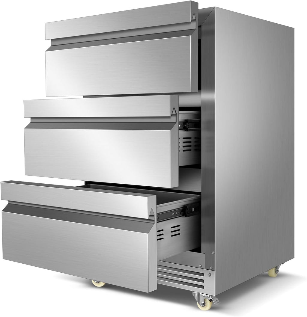 Stainless Steel 3-Tier Drawer Fridge Undercounter, Outdoor Beverage Refrigerator with Wheels, Waterproof Design and Temperature Control for Home and Commercial Use