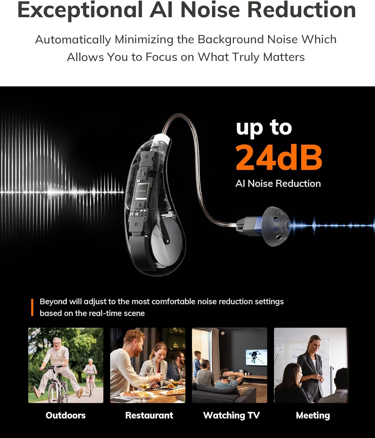 Beyond OTC Hearing Aids, AI Powered Speech Enhancement, Superior Sound Quality, Connectivity with iOS or Android Devices via Bluetooth 5.3, for Seniors and Adults