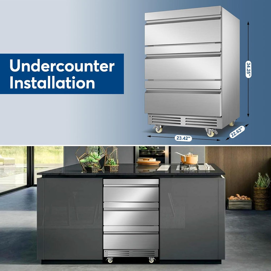 Stainless Steel 3-Tier Drawer Fridge Undercounter, Outdoor Beverage Refrigerator with Wheels, Waterproof Design and Temperature Control for Home and Commercial Use