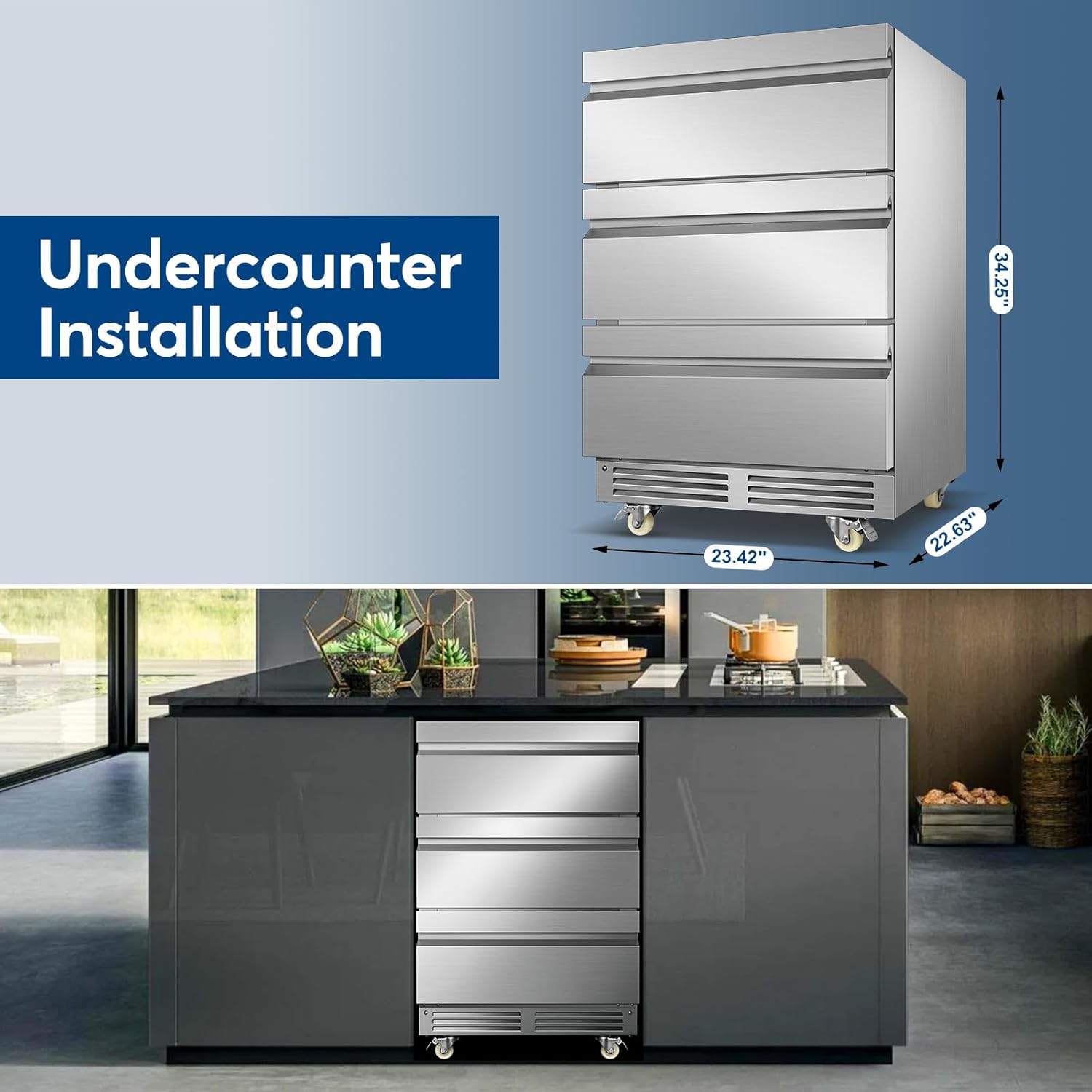 Stainless Steel 3-Tier Drawer Fridge Undercounter, Outdoor Beverage Refrigerator with Wheels, Waterproof Design and Temperature Control for Home and Commercial Use